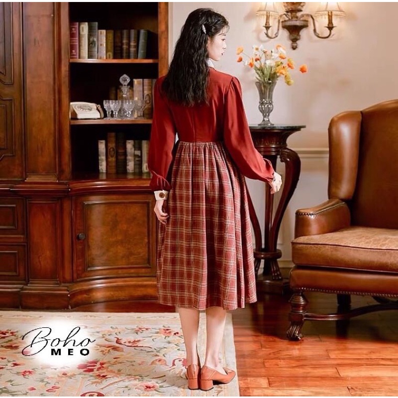 Đầm váy tiểu thư vintage có sẵn. Màu nâu phối caro