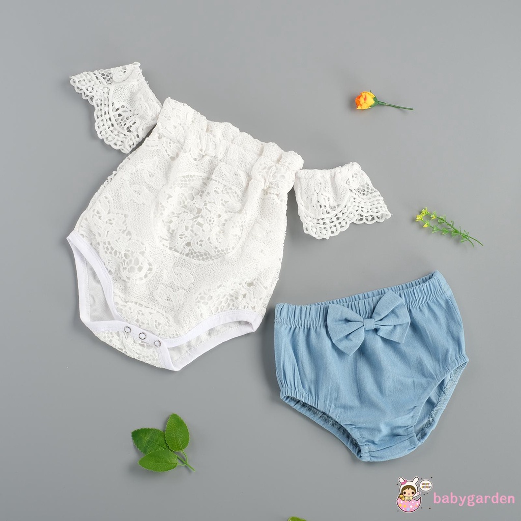 Bộ Áo Liền Quần Trễ Vai Thắt Nơ Và Quần Short Cho Bé Gái