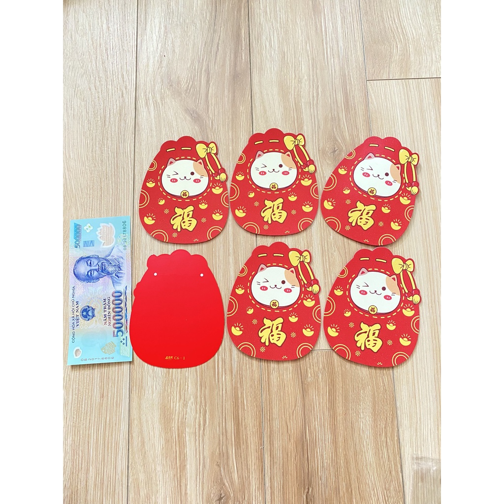 Combo 6 bao lì xì tết - Bao lì xì ép nhũ kim cao cấp mèo thần tài chữ Phúc - có sẵn tại HCM