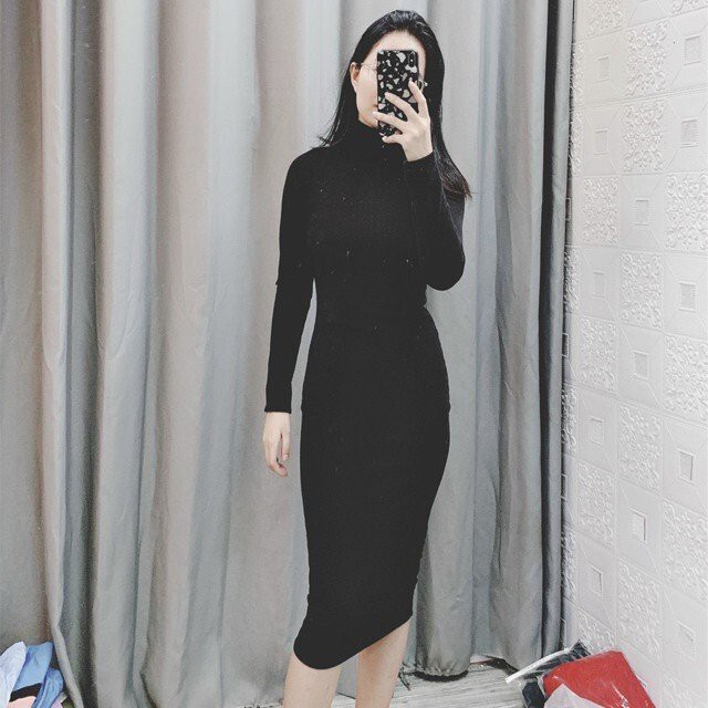 Váy Body Cổ Lọ Dáng Dài Chất Len Tăm