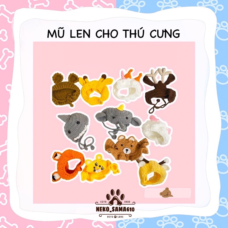 Mũ len hổ, hoa, ếch, gấu, vịt...cho chó mèo