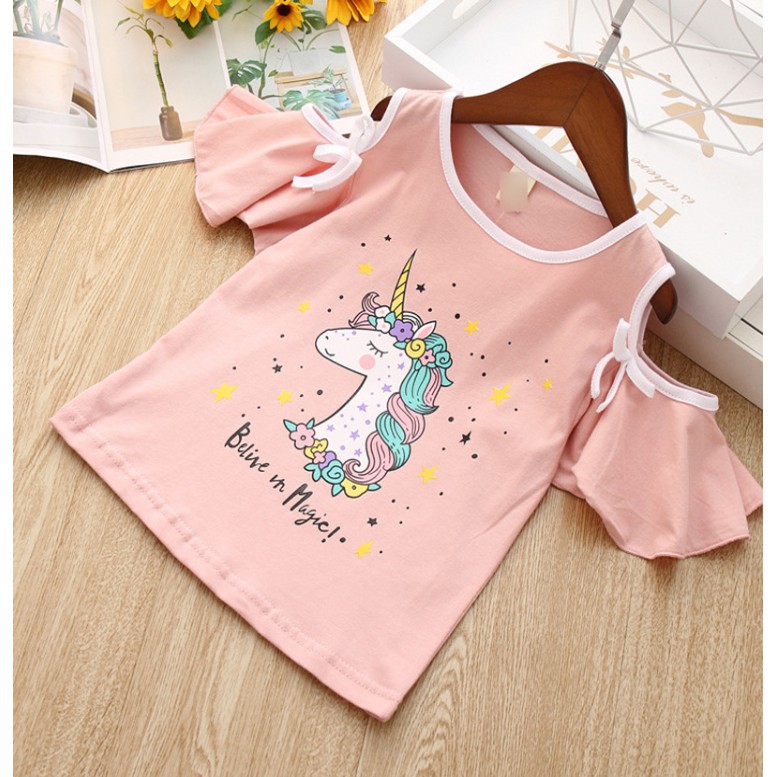 Set Áo Thun Hở Vai In Hình Unicorn + Chân Váy Xòe Cho Bé
