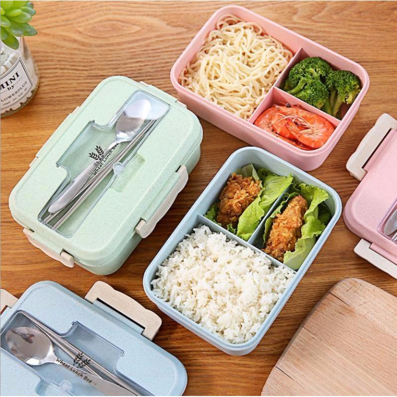 Hộp Đựng Cơm Ăn Trưa Văn Phòng 3 Ngăn - Lúa Mạch - Kèm Đũa và Thìa