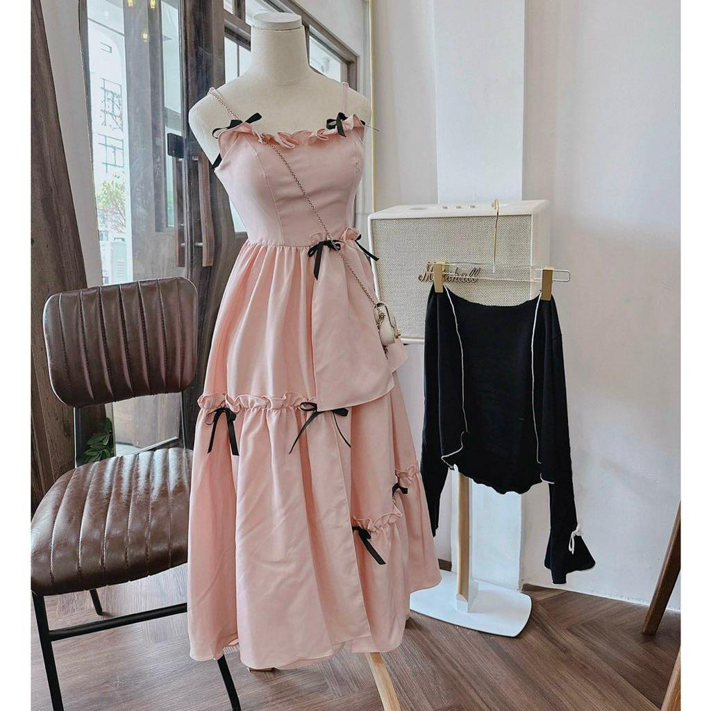 SET ĐẦM 2 DÂY HỒNG ĐÍNH NƠ ĐEN + KHOÁC ĐEN VIỀN