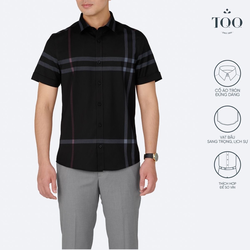 Áo sơ mi nam ngắn tay cao cấp K434CSC-CB TQQ màu đen dáng Slimfit nam tính vạt tôm vạt ngang không túi áo