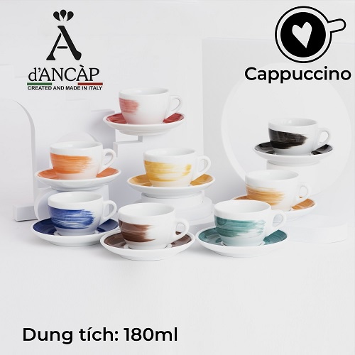 Volcano Bộ đĩa và ly sứ cà phê Ancap Cappuccino 180 ml vẽ tay lên thân