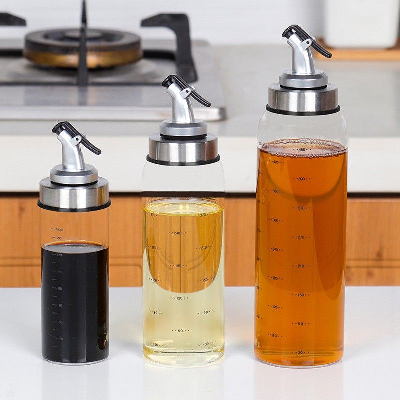 Chai Lọ Bình Đựng Dầu Ăn Thủy Tinh 160ML đến 500ML Vòi Rót Bấm Tay Chia Vạch Trong Nhà Bếp