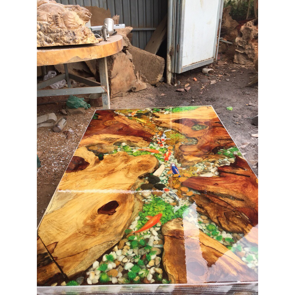 Bàn  gỗ epoxy resin vẽ cửu ngư quần hội  - Green Art