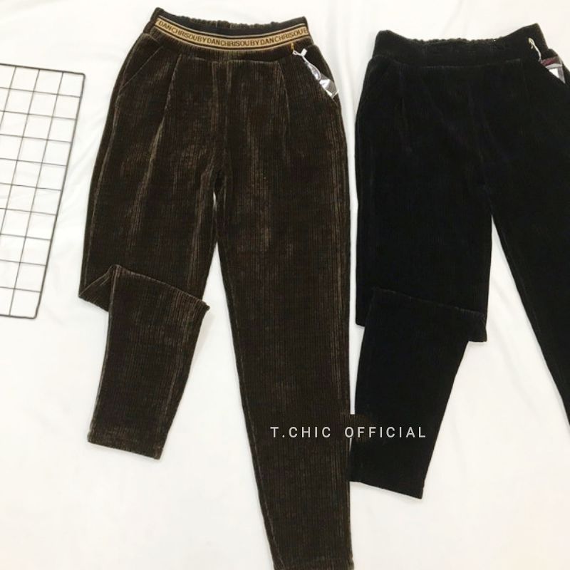 Quần baggy nhung tăm cạp chun chữ loại 1 dày đẹp thời trang cho nữ trẻ trung phong cách tôn dáng dễ phối đồ T.CHIC