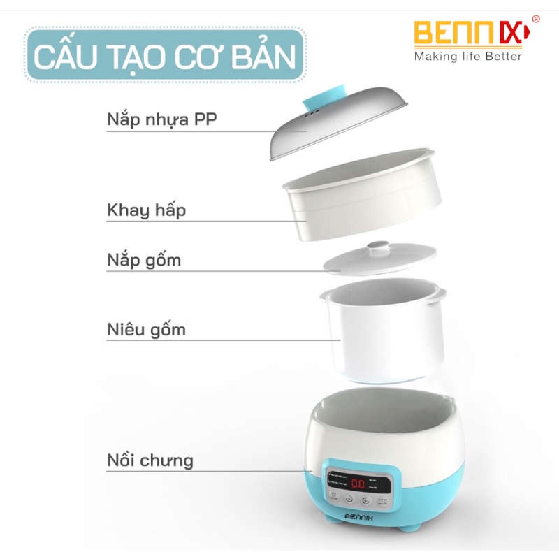 Nồi nấu chậm hấp cách thủy Bennix BN-100A-Steam dung tích 1 lít kèm xửng hấp bảo hành 12 tháng (giao màu ngẫu nhiên)