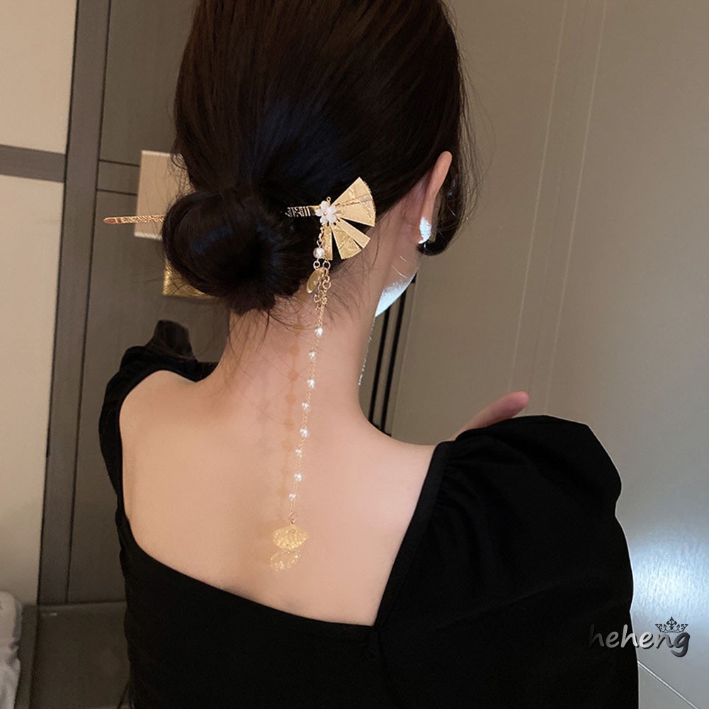 Trâm Cài Tóc Dáng Dài 16.7cm Hình Quạt Phối Tua Rua Phong Cách Trung Hoa Thời Trang Cho Nữ