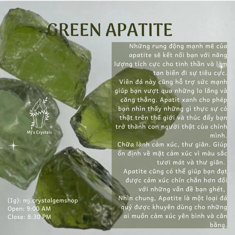Đᴀ́ ᴛʜᴏ̂  GREEN APATITE Bʀᴀᴢɪʟ ᴍᴀ̀ᴜ xanh rêu  đᴇ̣ᴘ sᴜ̛ᴜ ᴛᴀ̂̀ᴍ, ʟᴀ̀ᴍ ʜᴀɴᴅᴍᴀᴅᴇ, ʀᴇɪᴋɪ, ᴛʜᴀɴʜ ᴛᴀ̂̉ʏ, ᴛʜɪᴇ̂̀ɴ đɪ̣ɴʜ