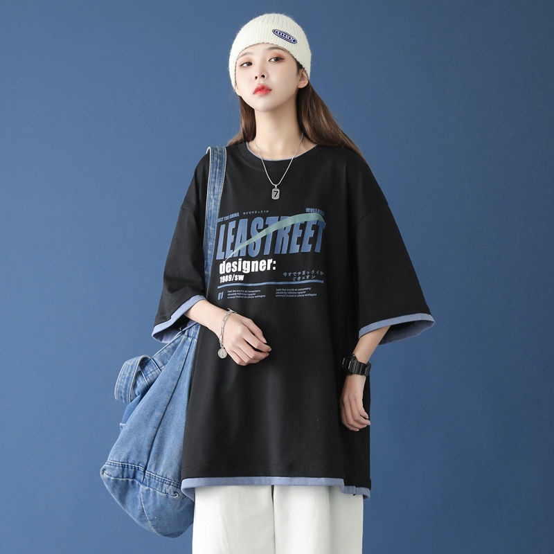 AMOI Áo Thun Ngắn Tay Cổ Tròn Giả Hai Lớp Thời Trang Cho Nữ