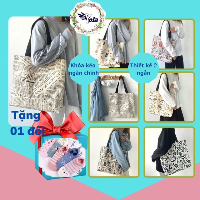 [Quà tặng Cột tóc] Túi Tote Nữ Giấy Báo Yola Shop Túi Vải Canvas Vải Bố Đeo Vai Cỡ Lớn Đi Học Đi Chơi Du Lịch  TUIV.002