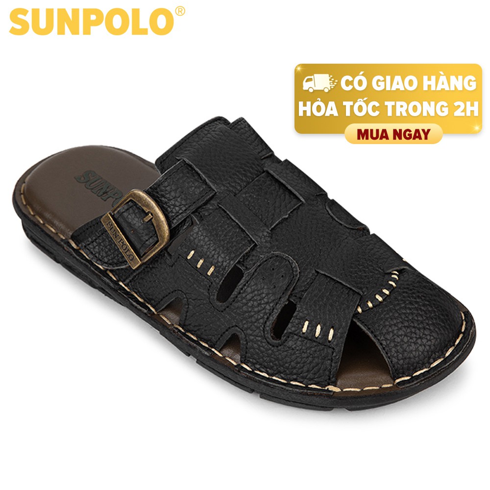 Dép Nam Bít Mũi Da Bò SUNPOLO Đen Nâu SUA11DN
