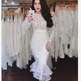 Đầm body lông công tay dài đuôi cá