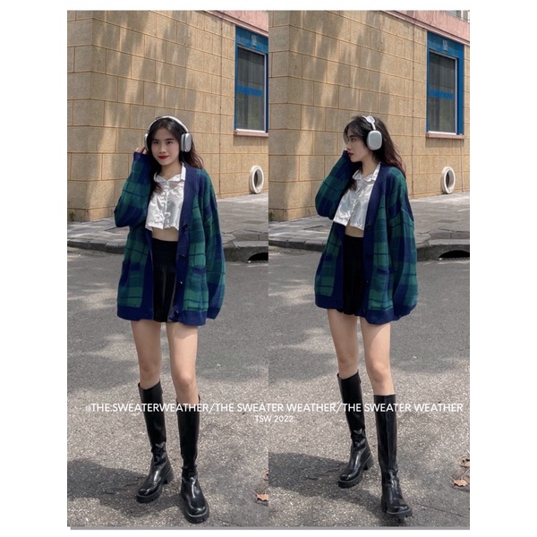 Áo khoác cardigan len kẻ ô the.sweaterweather TSW (ảnh thật)