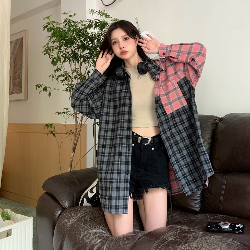 SUXI Áo Sơ Mi Caro Tay Dài Dáng Rộng Phong Cách Vintage Cho Nữ