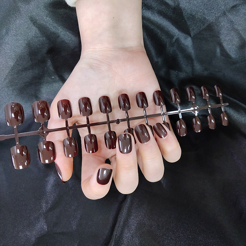 Bộ 24 Móng Tay Giả Ngắn Bóng Màu Sắc Trơn Chống Nước Không Keo