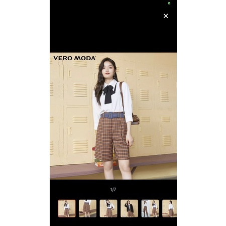 Veromoda quần short cạp cao thắt lưng kẻ caro