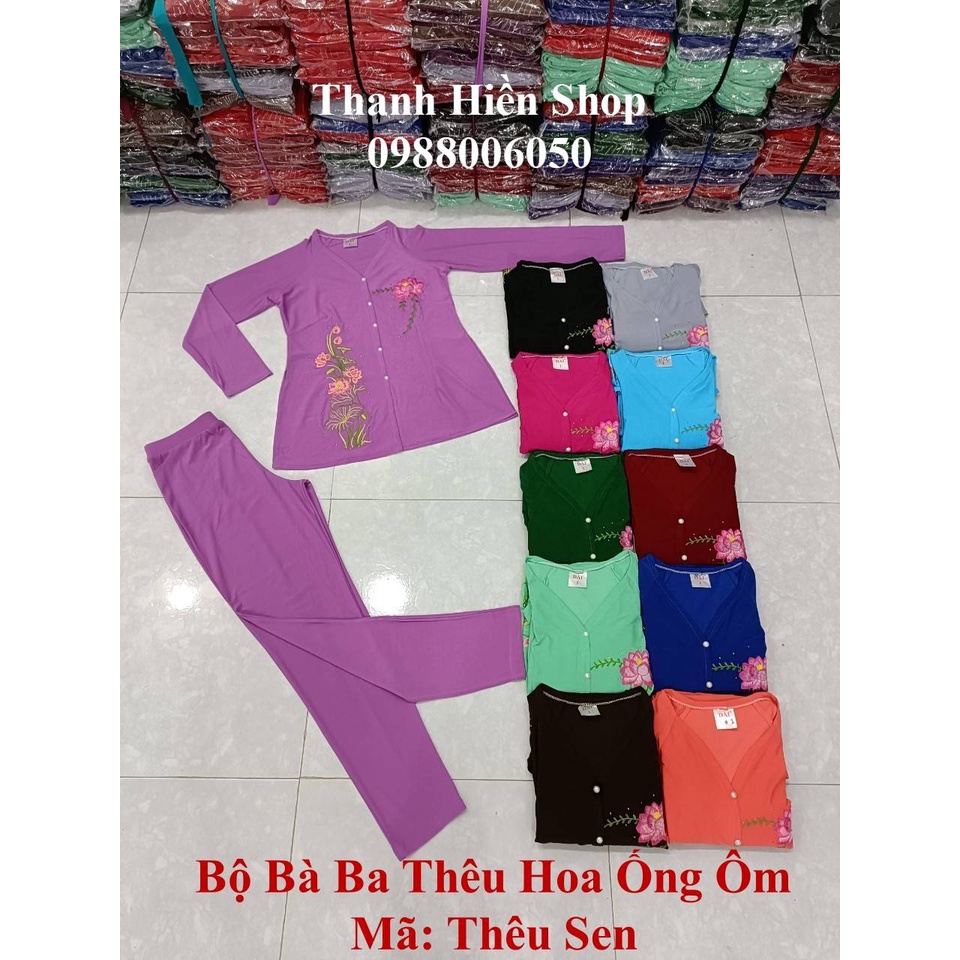 Bộ Bà Ba Thêu Hoa Sen Ống Ôm (Thêu trên vải)