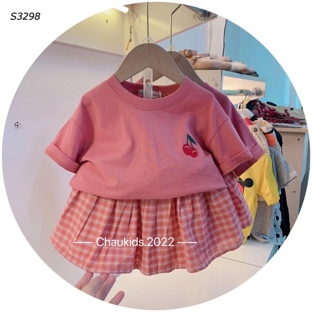 (8-22kg) Sét Váy Cherry Cho Bé Gái Màu Hồng Đáng Yêu