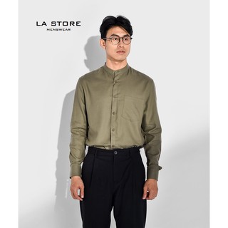 [ROUTINE] Áo sơ mi cổ trụ màu xanh rêu form regular vải cotton tencel cao cấp