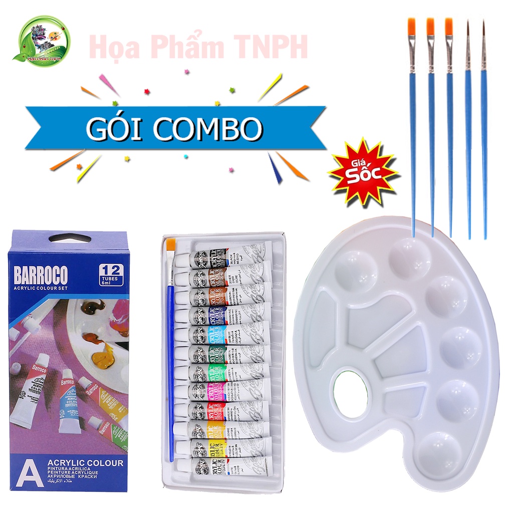 Bộ Màu Acrylic 12 Màu 6 ML Tuýp Nhỏ Barroco Colour Tubes Kết Cấu Mịn Nhanh Khô Tặng Kèm 1 Khay Pha Màu 5 Cọ Vẽ Tranh