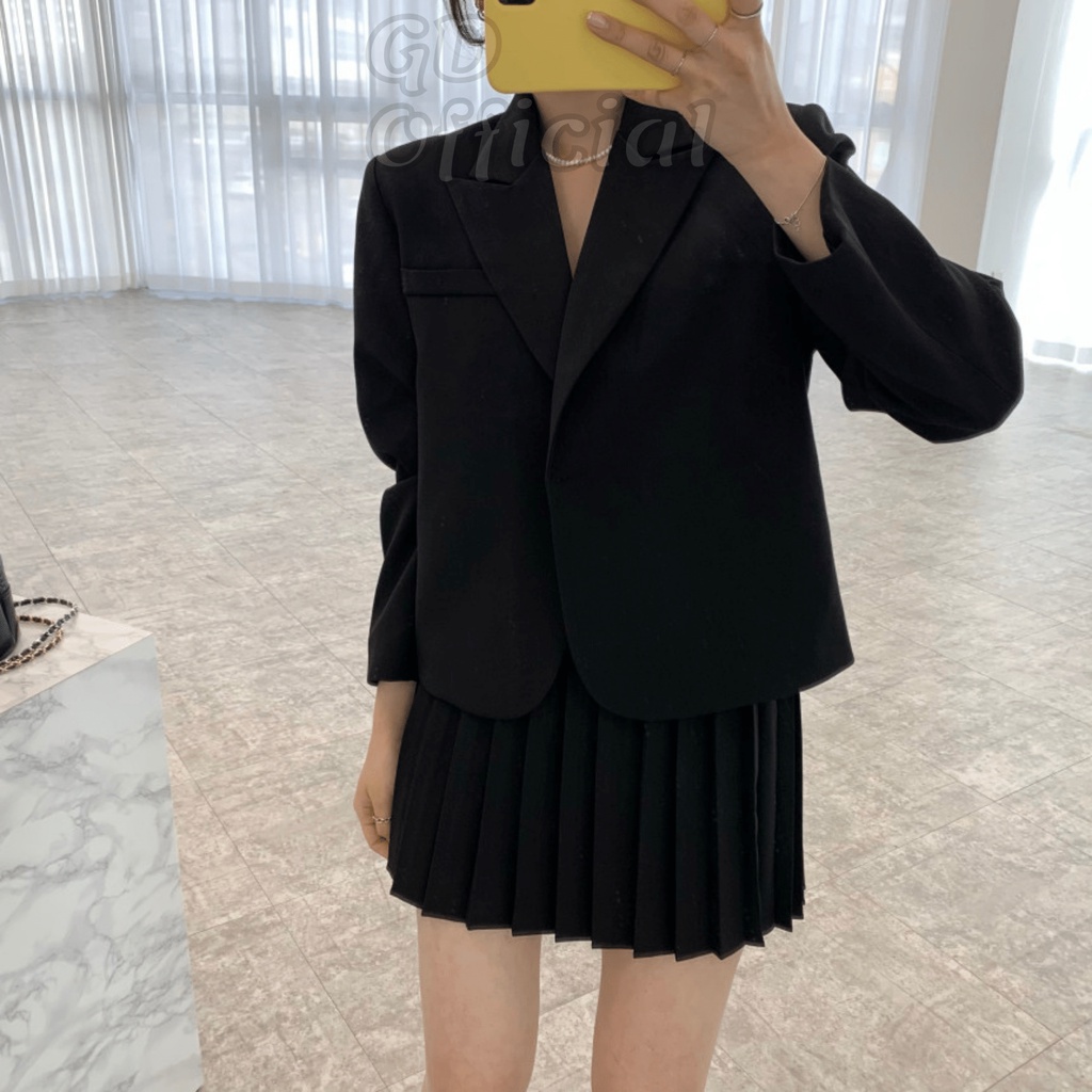 B28|Set bộ áo blazer dài tay nút cài hai lớp dày dặn, váy vest cho nữ xếp ly cạp lưng cao hàn quốc be, đen GD Official