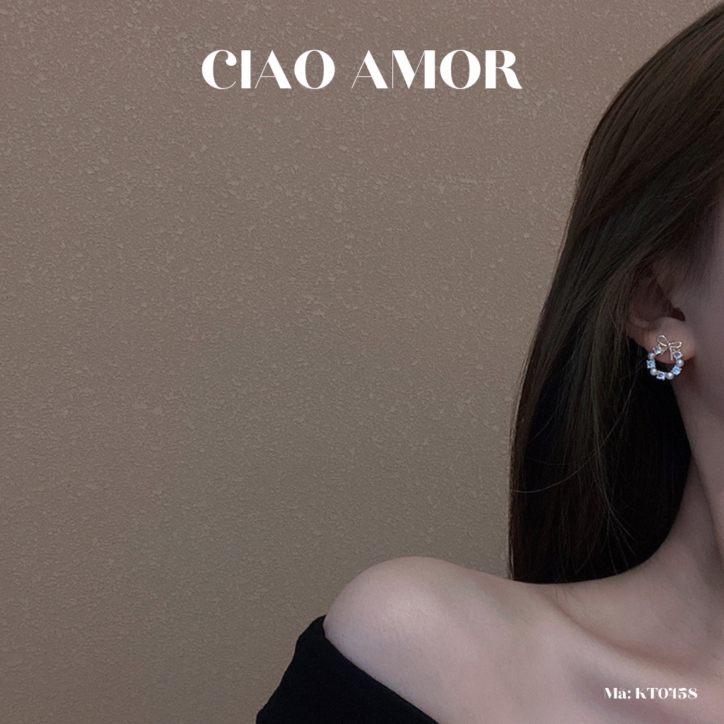 Khuyên tai nữ, Bông tai nữ bạc 925 ôm tai vòng nơ tròn đính đá ngọc nhỏ Trang sức Ciao Amor - KT0458