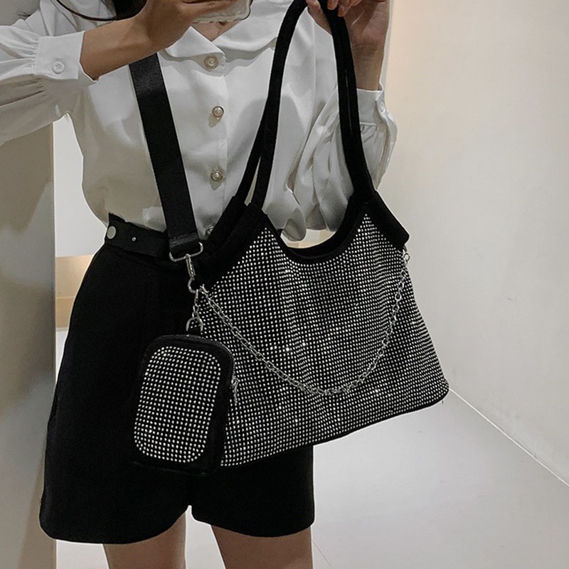 Ielgy Net Túi Xách Đeo Vai Sức Chứa Lớn Đính Kim Cương Toàn Diện Dễ Phối Đồ Cho Nữ