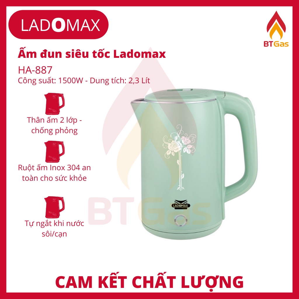 Bình đun siêu tốc, ấm siêu tốc đun nước siêu nhanh Inox 2 lớp chống phỏng Ladomax HA-887 2.5L