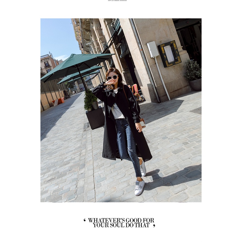 [free gift] Áo khoác gió dáng rộng màu đen thời trang thu đông phong cách Hàn Quốc cho nữ