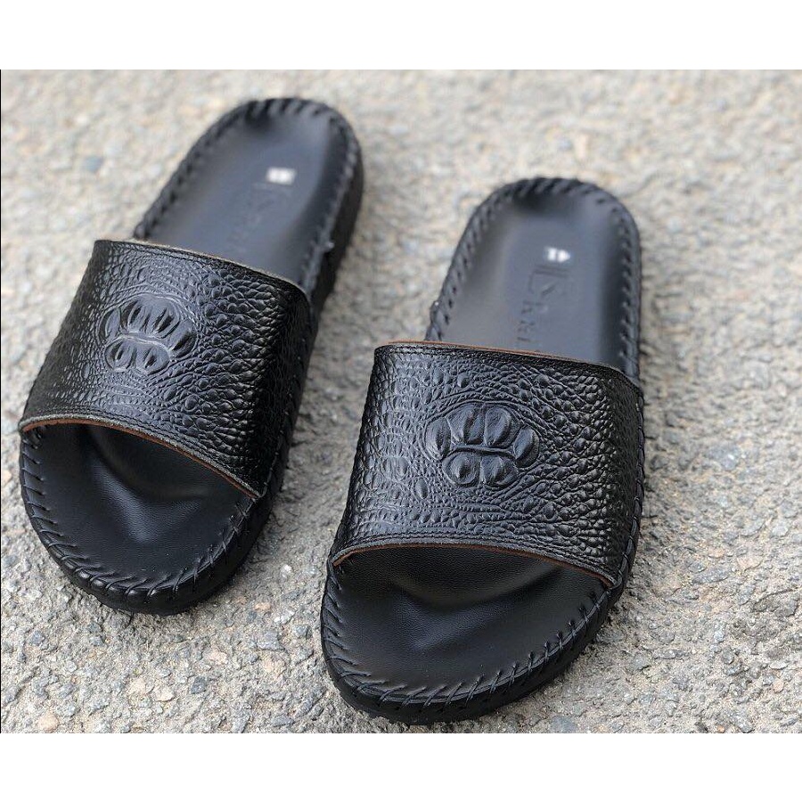 Dép Nam quai ngang trơn da bò in vân gù cá sấu nhỏ , K4