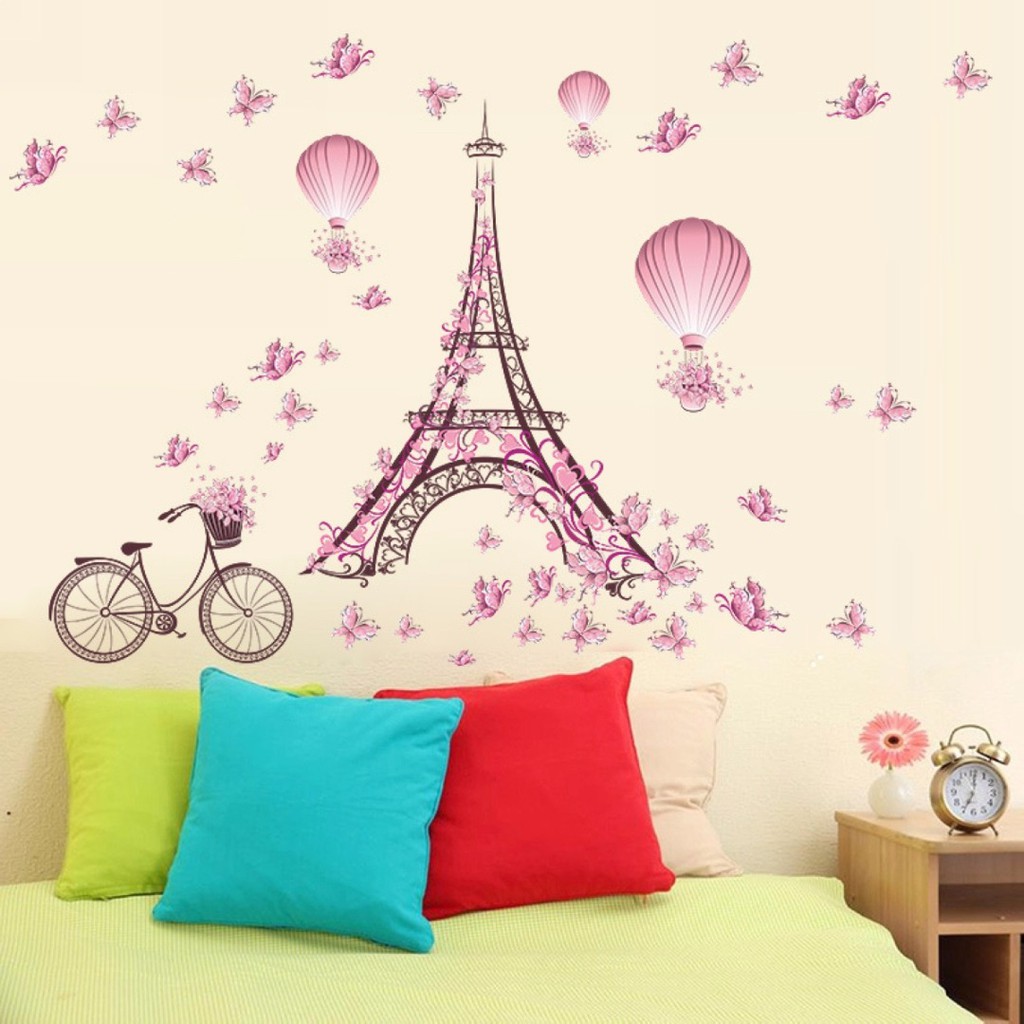 Giấy dán tường trang trí phòng ngủ diy hoạ tiết tháp Eiffel có thể tháo gỡ tiện lợi