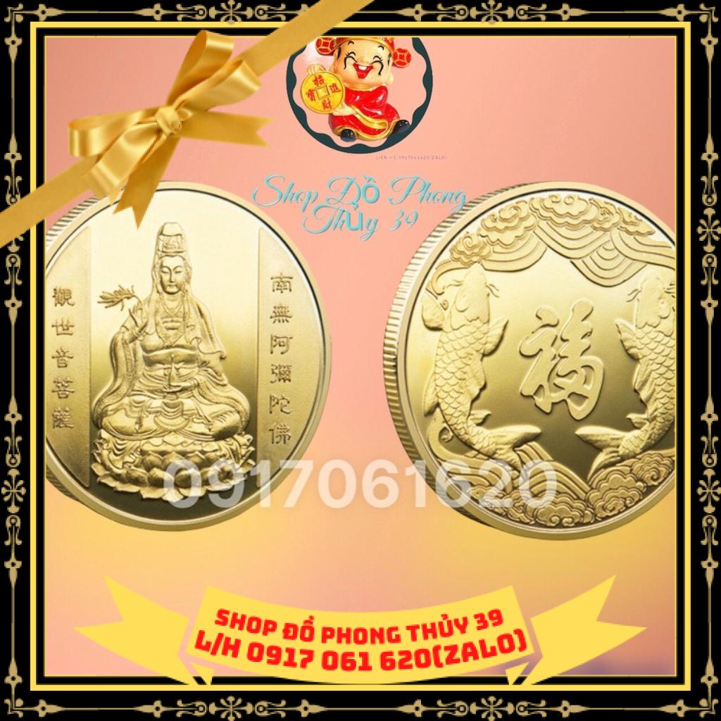Đồng Xu Quan Âm-Cá Chép Mạ Vàng Tặng Kèm Túi Gấm Tài Lộc May Mắn