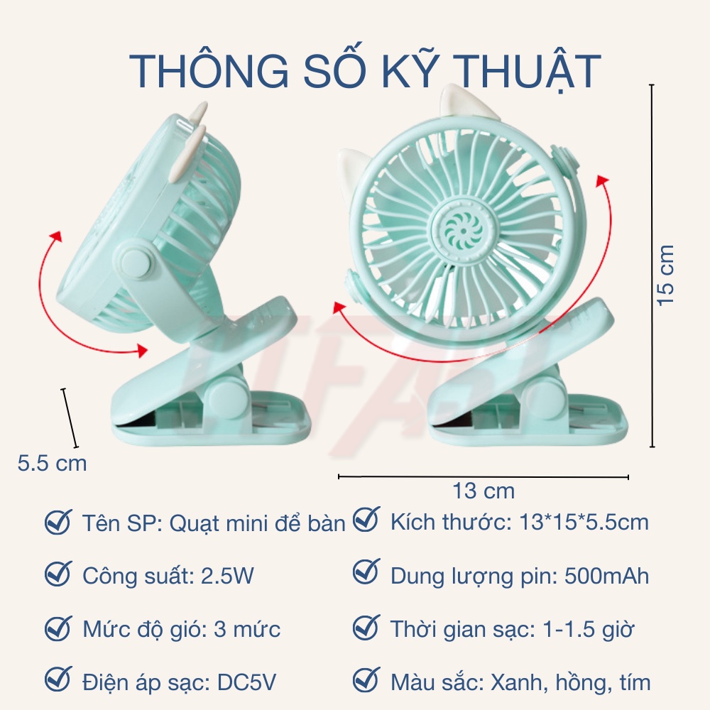 Quạt mini tích điện cầm tay hình mèo CTFAST, thiết kế dạng kẹp, điều chỉnh 360 độ, pin sạc 1200mAh