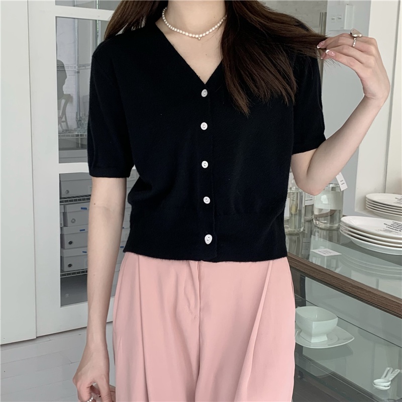 Áo Cardigan Dệt Kim Ngắn Tay Cổ Chữ v Phối Hàng Nút Thời Trang Mùa Hè 51554 | BigBuy360 - bigbuy360.vn