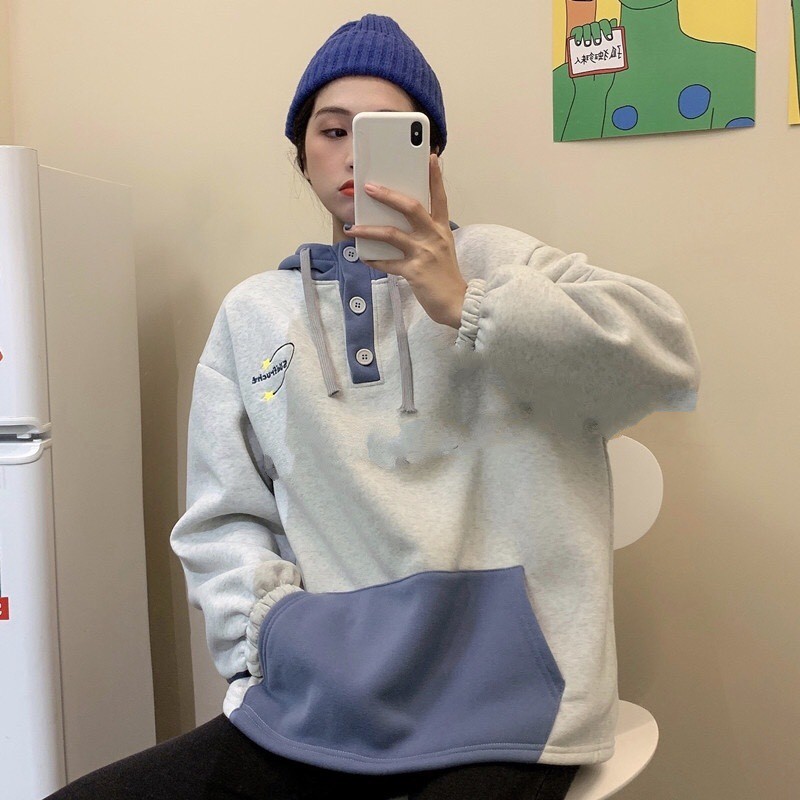 ÁO HOODIE PHỐI MÀU MŨ TÚI SUDFRUCHT - ÁO NỈ NGOẠI HOODIE CÚC CÀI TAY CHUN PHỒNG XANH XÁM | BigBuy360 - bigbuy360.vn