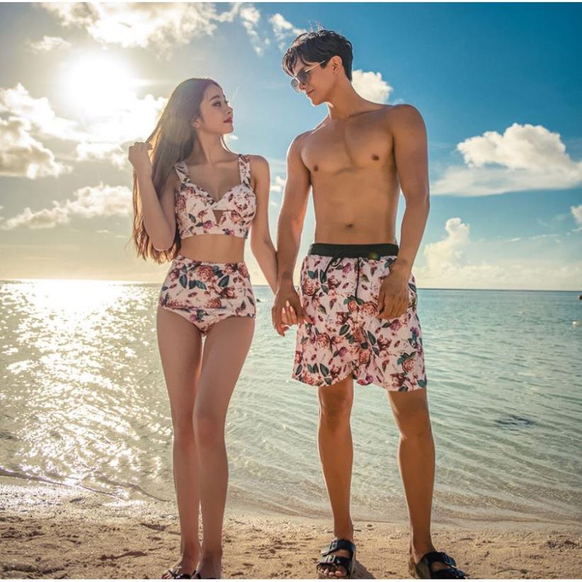 (Có set nam và nữ riêng) Set Bikini hai mảnh hoa hồng Hàn Quốc, quần bơi nam cao cấp, bộ bơi cặp đôi Xịn