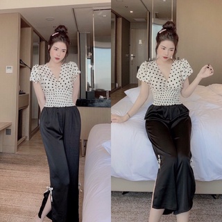Set bộ mặc nhà, đồ ngủ đồ mặc nhà phi lụa hoạ tiết chấm bi