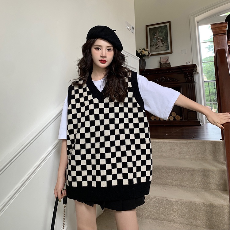 Áo gile len nữ ulzzang hàn quốc họa tiết kẻ ô freesize MINHU CLOTHES - AL04