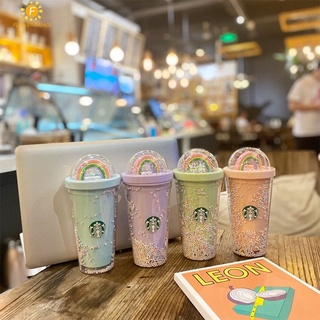 Cầu Vồng Starbucks cốc chén đầy màu sắc Starbuck cốc dễ thương chai nước bằng nhựa cup với nắp double-layer uống cup với rơm cà Phê Cốc Ánh Sáng Sao cup 450ml FLOWERDANCE