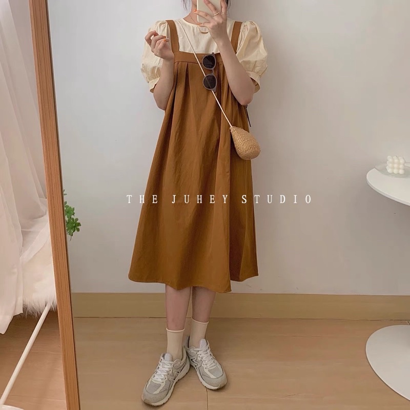 Set váy yếm màu vàng đất vintage