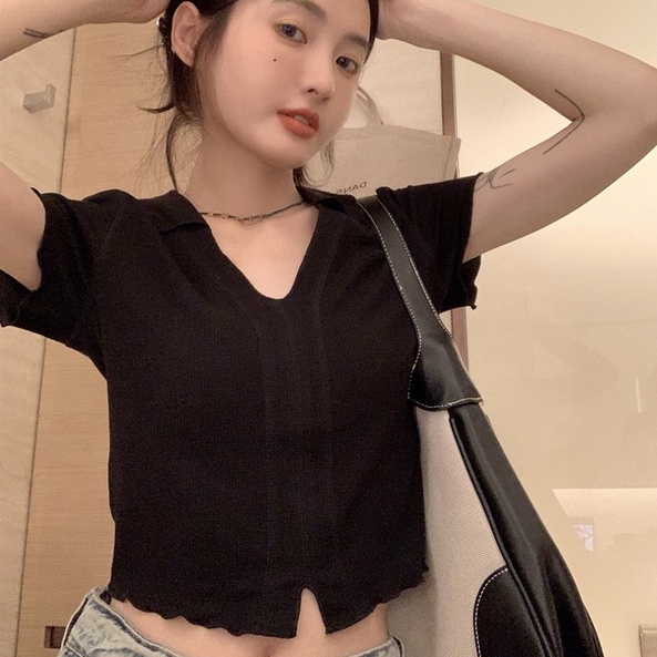 【ZHELIHANGFEI】Áo Thun POLO Dệt Kim Ngắn Tay Hở Eo Quyến Rũ