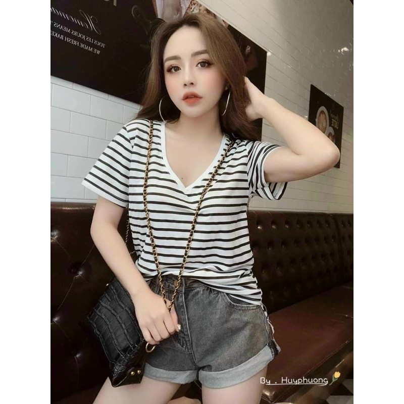 Áo thun giấy cổ tim kẻ sọc ngang, Áo giấy ngắn tay cổ tim MS0085 - NhiNhi Shop