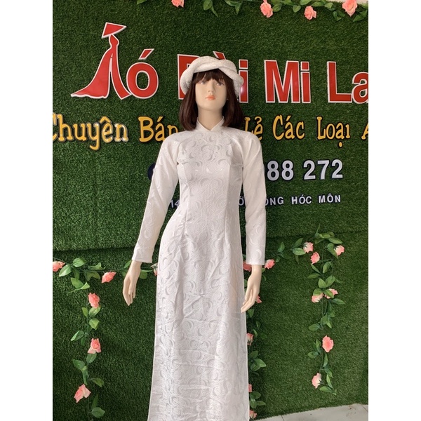 Bộ áo dài gấm trắng cao cấp cô dâu kèm quần