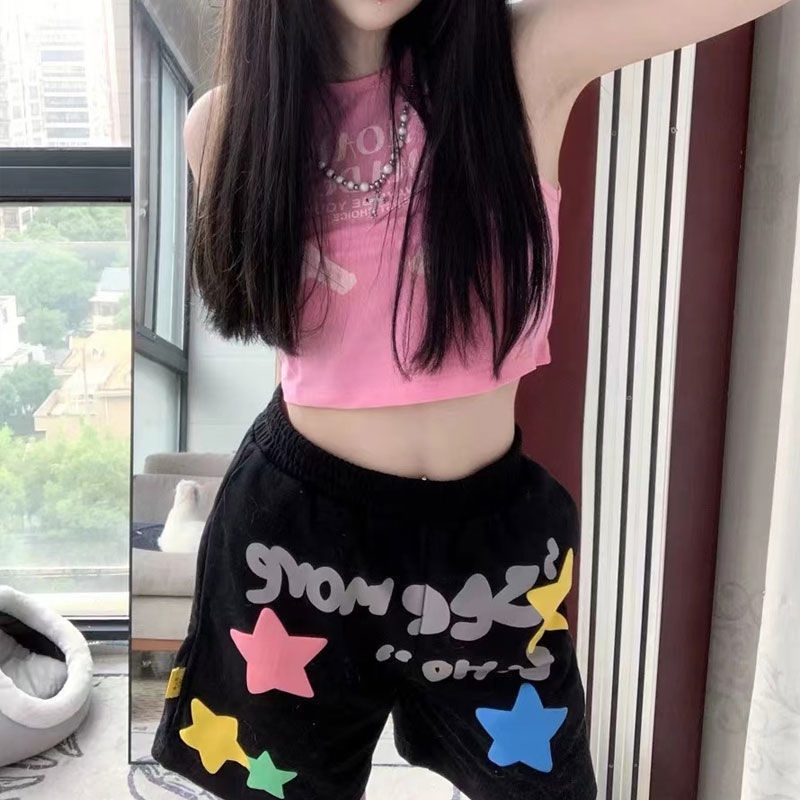 Quần Short Thể Thao Màu Đen Lưng Cao Ống Rộng In Họa Tiết Ngôi Sao Phong Cách Hip Hop Mỹ
