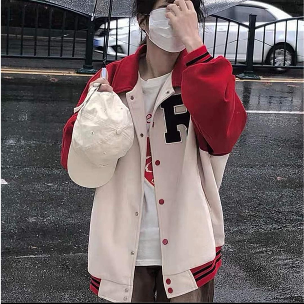 Áo khoác Bomber tay đỏ  form rộng nam nữ - Hình thêu (Form rộng)-Áo khoác nam nữ from rộng unisex | BigBuy360 - bigbuy360.vn