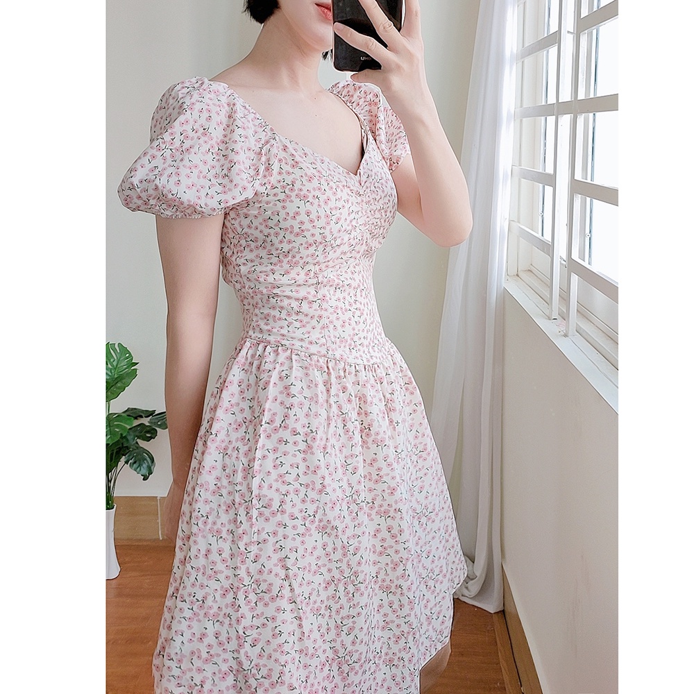 Đầm xoè hoa nhí dễ thương tay phồng hot trend RD009